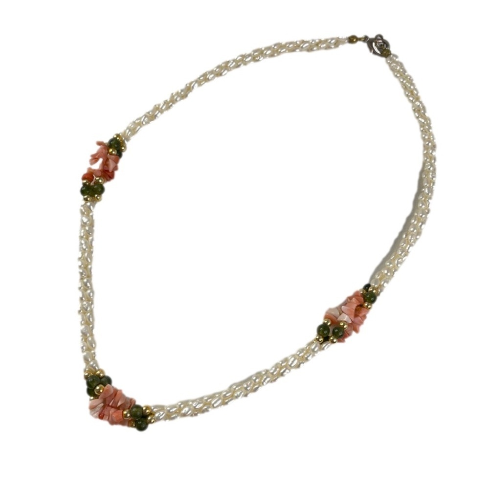 Vintage Rice Pearl Necklace Green Stones Coral Shell